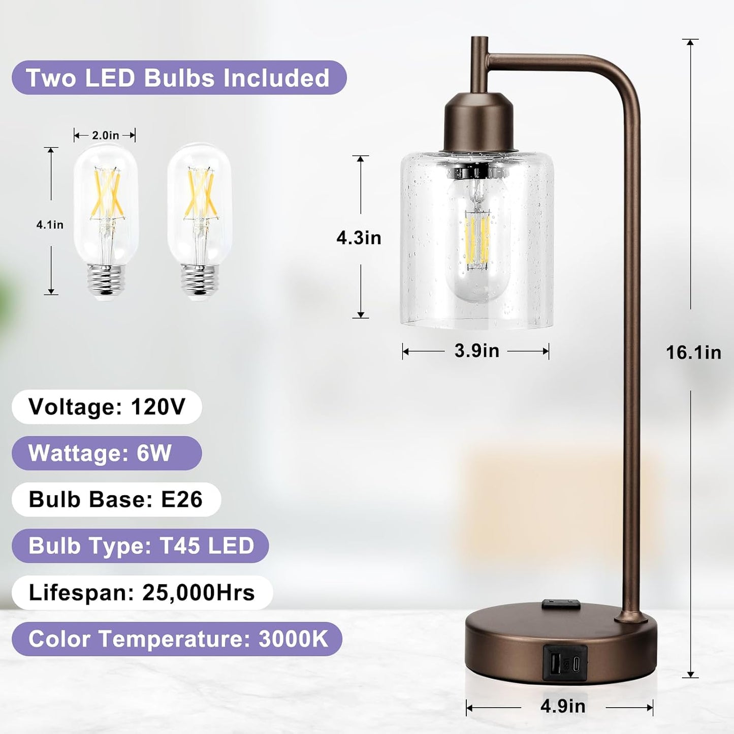 Industrial Touch Table Lamps for Bedrooms Set of 2 - 3-Way Dimmable Nightstand Lamps with USB C+A Ports and Outlet, Black Bedside Lamps with Glass Shade for Living Room, Desk Lamps for Home Office