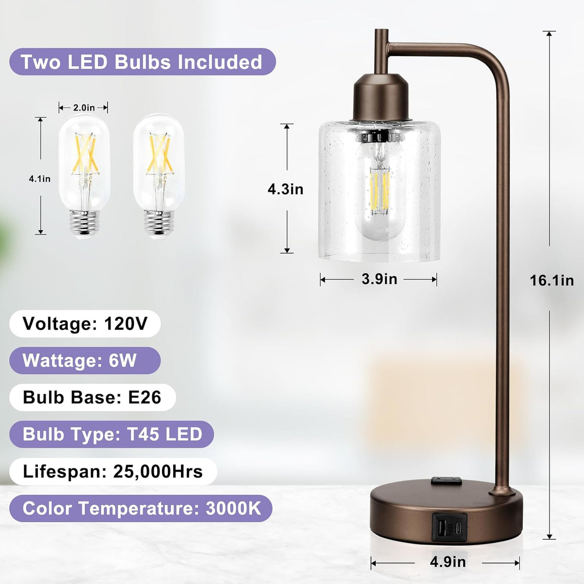 Industrial Touch Lamps for Nightstand Set of 2, 3-Way Dimmable Bedside Lamp