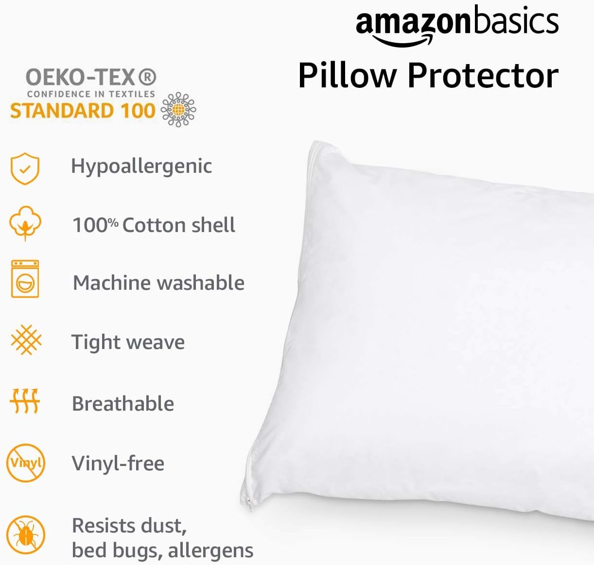 Amazon Basics Standard Breathable 100% Cotton Hypoallergenic Pillow Protector with Zipper, Machine Washable, White, 27 x 21 Inches, Pillows Not Included
