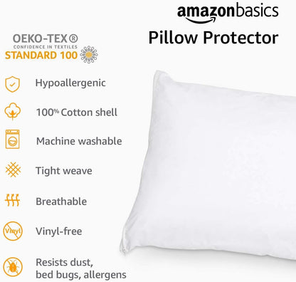 Amazon Basics Standard Breathable 100% Cotton Hypoallergenic Pillow Protector with Zipper, Machine Washable, White, 27 x 21 Inches, Pillows Not Included