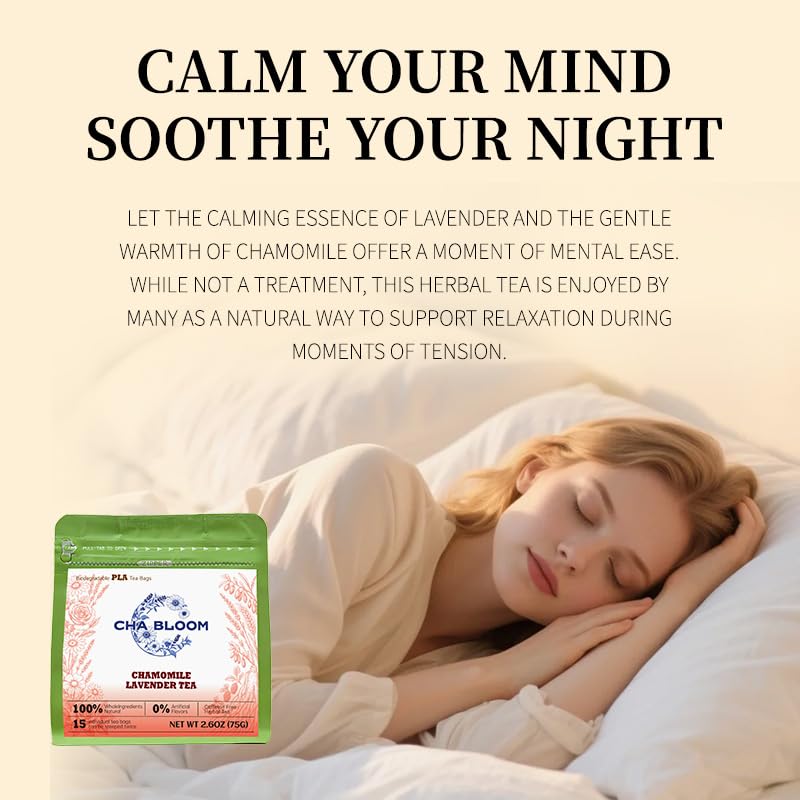 CHA BLOOM Chamomile Lavender Herbal Tea Bags, Caffeine-Free Blend, 15 Sachets, 75g Resealable Bag
