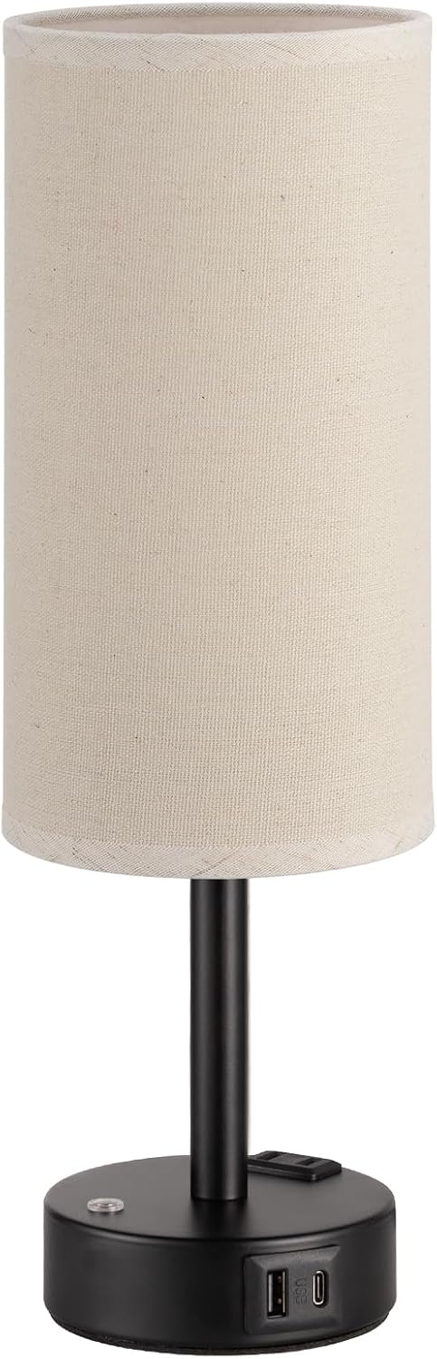 Touch Bedside Table Lamp with Memory - Stepless Dimmable Lamp for Bedroom, Small Nightstand Lamp with Dual USB Charging Ports and AC Outlet, Wood Night Light, Desk Lamp for Nursery, Living Room, Dorm