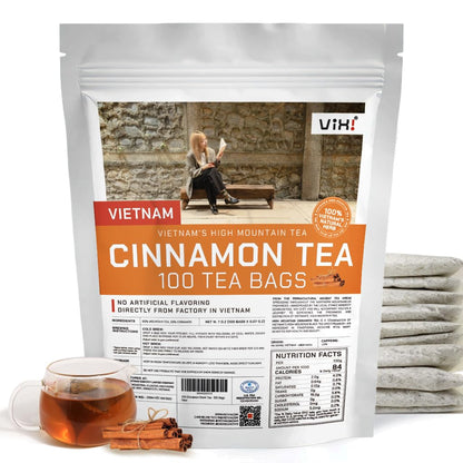 VIXI Flavored Cinnamon Black Tea Bag, Vietnam's Mountain Tea, 100 Counts, 100% Natural from Ancient Tee Tree, Cinnamon Blend Black Tee for Hot and Cold Brew (Vietnamese Taste, 7.0 Oz)