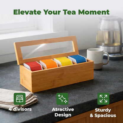 Tea Bag Organizer – Bamboo Tea Box Organizer with Acrylic Lid | Tea Storage Holder | Tea Caddy with 4 Compartments for Drawer, Kitchen Counter & Cabinet (11.8 x 3.5 x 3.5 in)