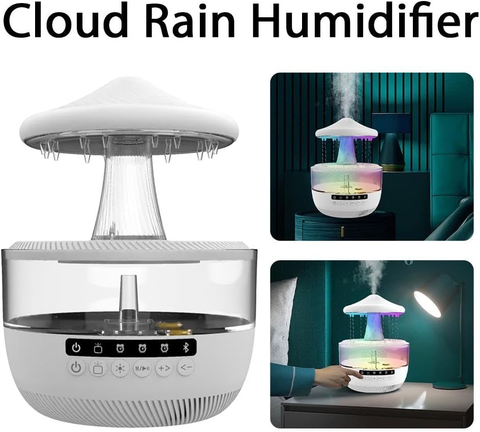 Cloud Rain Humidifier with Bluetooth Speaker for Bedroom with Soothing Rain Sounds,350ml Cool Mist Aromatherapy Diffuser with RGB Night Lights, Timer & White Noise for Sleep & Relaxation (White)
