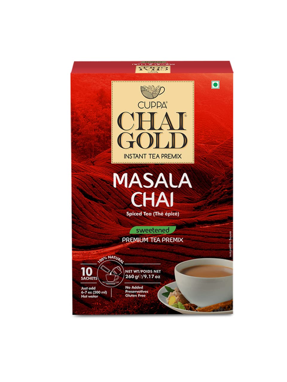 Cuppa Chai Gold Cardamom Chai Instant Tea Premix Sweetened, Rich Cardamom Flavor Tea Beverage Mix, Smooth Creamy Taste, Just Add Hot Water, Convenient Single-Serve Sachets for Home, Office & Travel, 10 Count