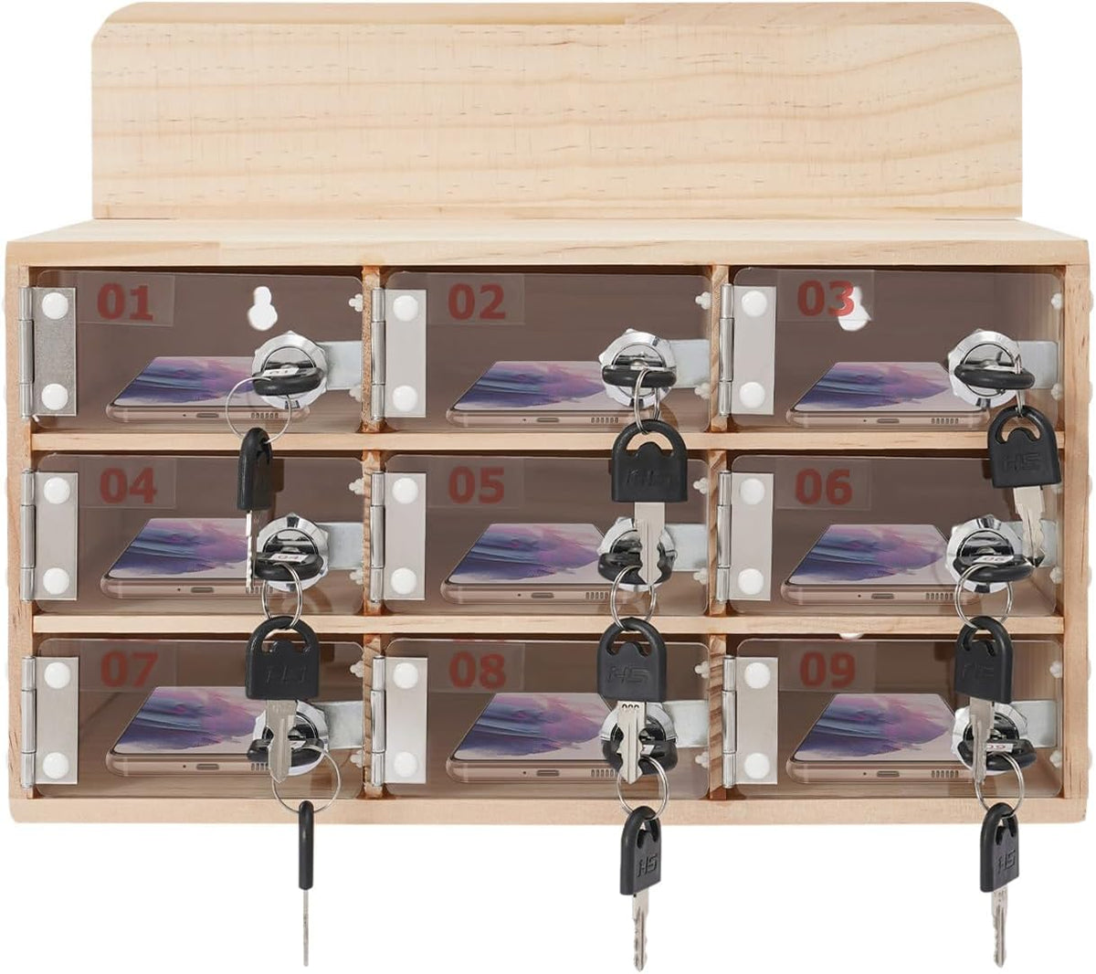 20-Slot Cell Phone Locker Box, Wood/Acrylic, Wall/Desk with Locks and Keys