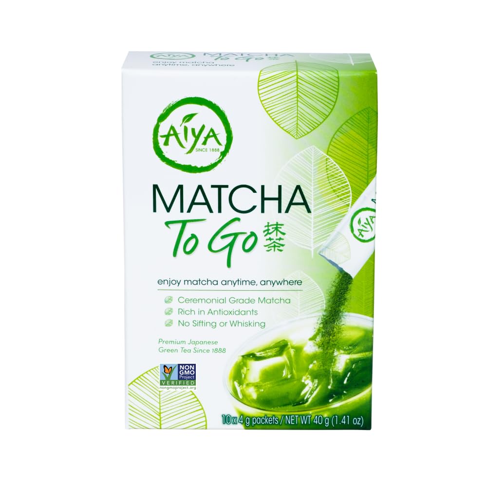 Aiya Japanese Sweetened Matcha Powder to Go Sticks - Ceremonial Grade, Vegan-Friendly, Gluten-Free - 8 Individually Packed Single-Serving Sticks for Freshness and Convenience