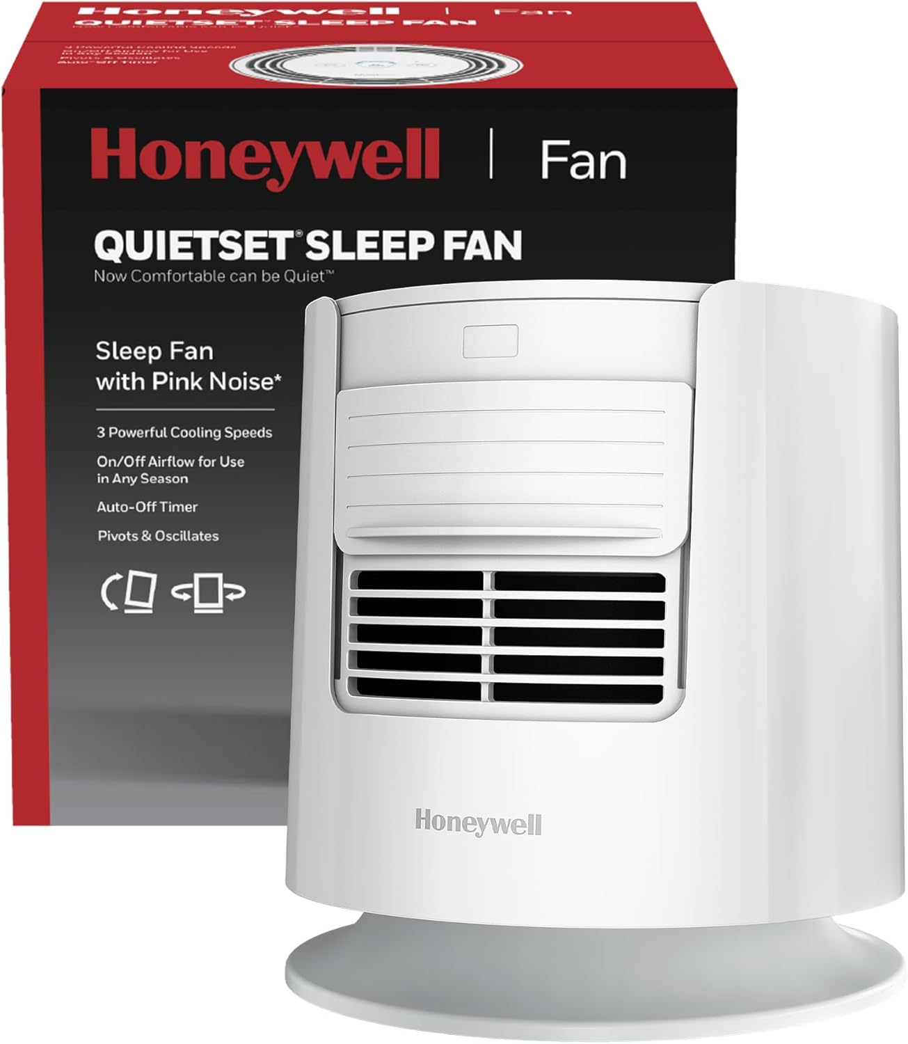 Honeywell QuietSet™ Personal Sleep Fan Noise Machine with Pink Noise, 3 Speeds, Adjustable Head, Nightstand and Bedside Fan, White, HTF300W