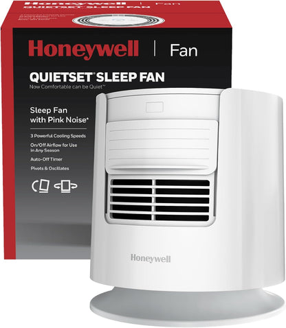 Honeywell QuietSet™ Personal Sleep Fan Noise Machine with Pink Noise, 3 Speeds, Adjustable Head, Nightstand and Bedside Fan, White, HTF300W