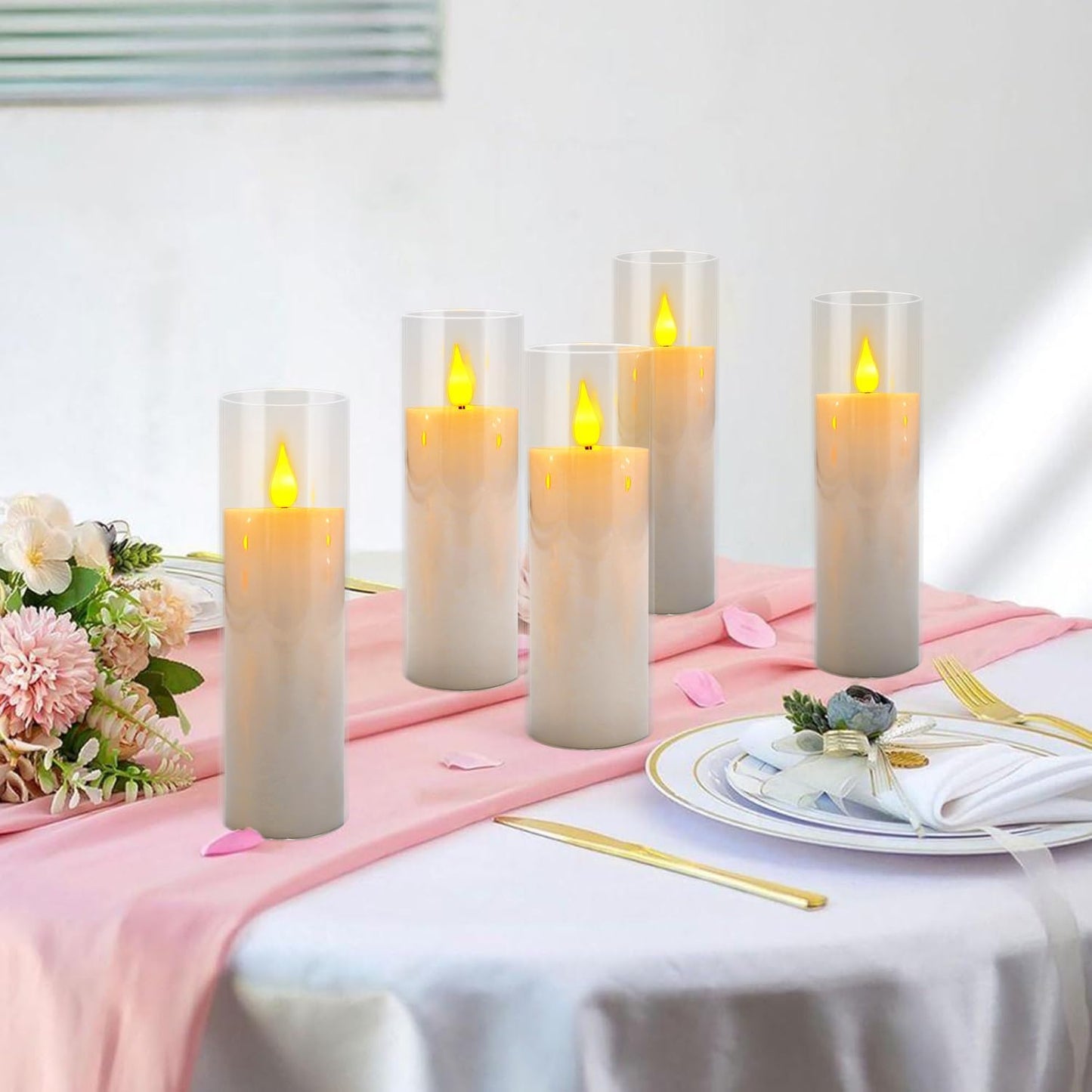 24 Pcs LED Flameless Candles with Remote, 3D Flickering Flame & LED String Lights, Acrylic Clear Cylinder, Timer Function, Romantic Ambience for Home Decor, Party, Wedding (Ivory).