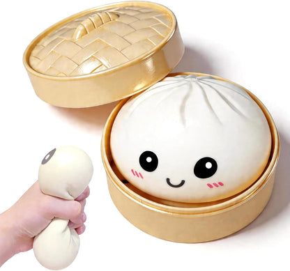 Dumpling Squishies with Box – Stretchy Sensory Squeeze Toy, Cute Kawaii Desk Stress Reliever, Soft & Durable Dumpling Fidget for Adults & Kids.