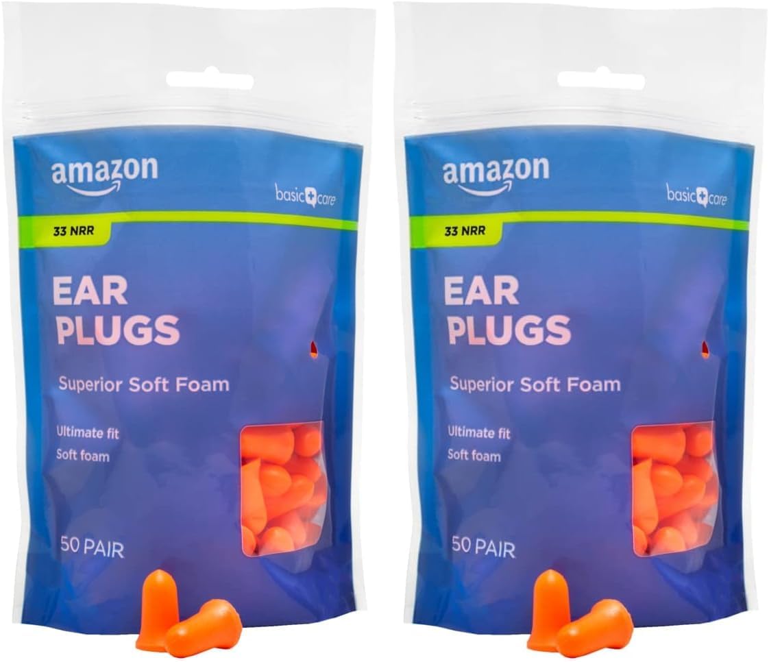 Amazon Basic Care Soft Foam Noise Cancelling Earplugs for Concerts, Hearing Protection, 100 Count (1 Pack of 50 Pairs)
