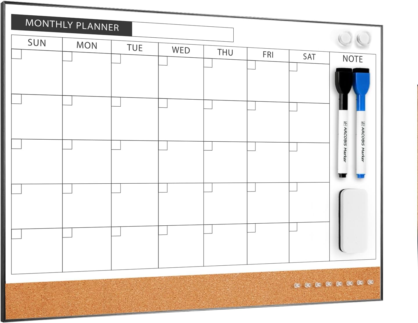 ARCOBIS Dry Erase Calendar with Cork Board for Wall, 24"x 18" Magnetic Calendar Whiteboard with Black Frame, Monthly Combination Board for School, Home, Office