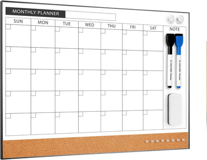 ARCOBIS Dry Erase Calendar with Cork Board for Wall, 24"x 18" Magnetic Calendar Whiteboard with Black Frame, Monthly Combination Board for School, Home, Office
