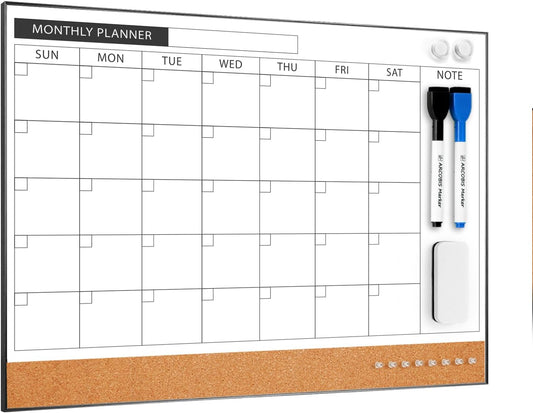 ARCOBIS Dry Erase Calendar with Cork Board for Wall, 24"x 18" Magnetic Calendar Whiteboard with Black Frame, Monthly Combination Board for School, Home, Office