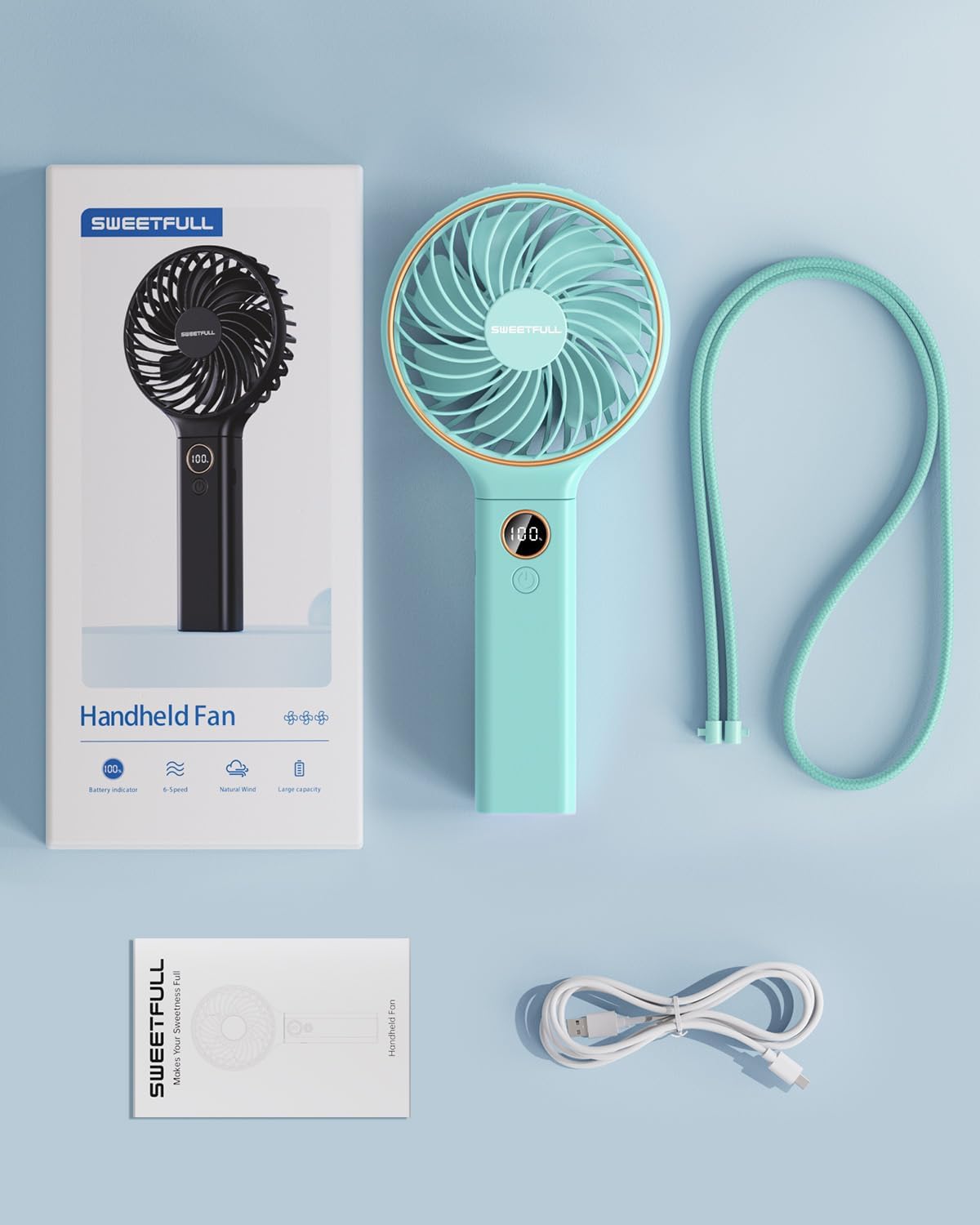 SWEETFULL Handheld Portable Fan, 5000mAh Rechargeable Battery, 6 Speed Wind, LED Digital Display, Foldable Electric Personal Mini Travel Fan with Backup Power, Summer Essentials Gifts for Women Girl