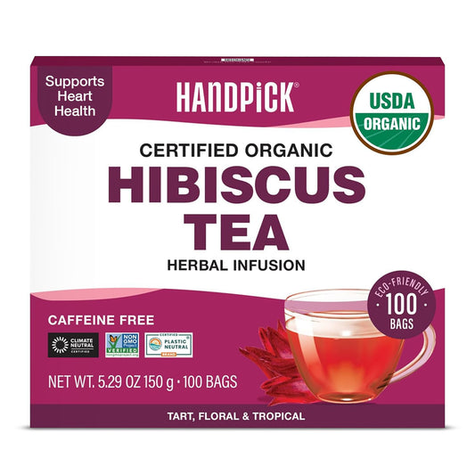 HANDPICK Organic Hibiscus Tea (100 Tea Bags) Pure Indian Hibiscus Flowers
