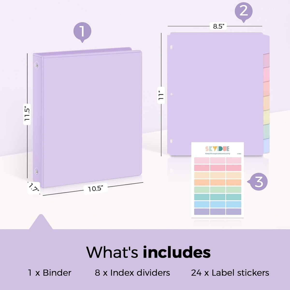 SKYDUE 1 Inch 3 Ring Binder with 8 Tab Dividers & 24 Labels, Pastel Binder Organizer for Letter Size Paper, Aesthetic School Binder for Notes, Documents, Office & Home Organization, Purple