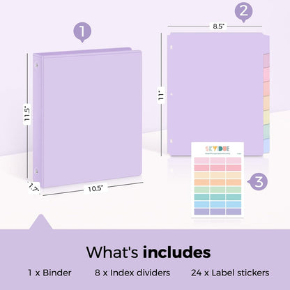 SKYDUE 1 Inch 3 Ring Binder with 8 Tab Dividers & 24 Labels, Pastel Binder Organizer for Letter Size Paper, Aesthetic School Binder for Notes, Documents, Office & Home Organization, Purple