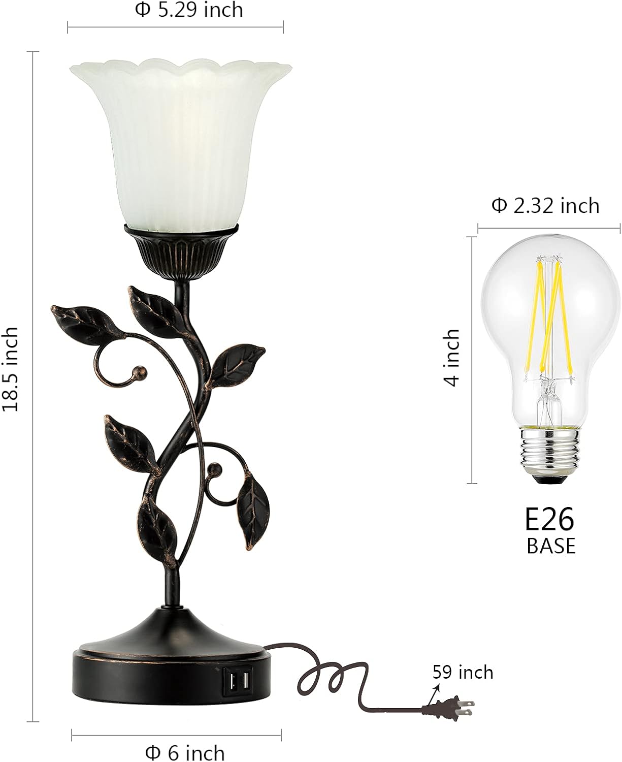 Touch Control Table Lamp with 2 USB Charging Ports, 3-Way Dimmable Bedside Nightstand Lamps, Amber Glass Shade Vintage Rural Leaf Lamp for Living Room, Bedroom, Dresser, LED Bulb Included (Bronze)