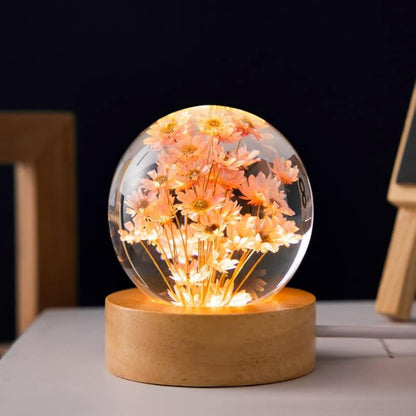 Flower Crystal Ball Night Light,2.4 inch Glass Ball Night Lamp with Woodern Base (Dandelion)