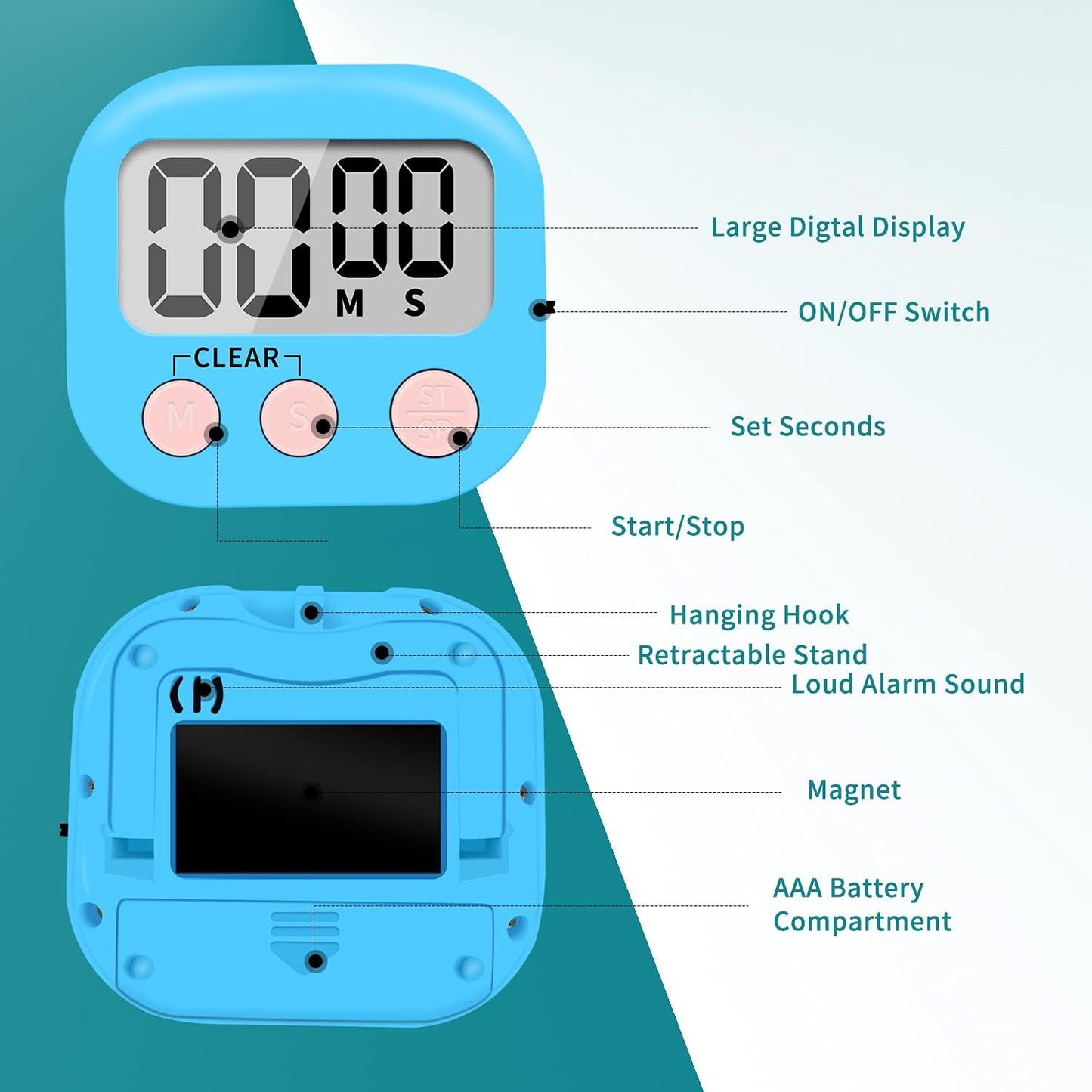 6 Pack Small Digital Kitchen Timer Magnetic Back and ON/Off Switch,Minute Second Count Up Countdown (Multicolored)