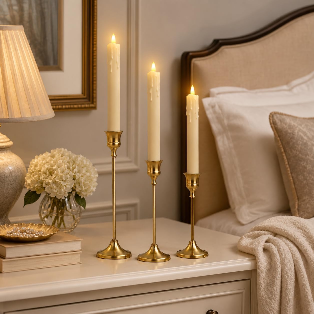 Candle Holder Set of 3, with 3 Flameless Candles & 1 Remote(Gold) | Taper Candle Holders, Metal Non Slip Stable Base, for Home Decor, Holiday Party, Pet & Kid Friendly