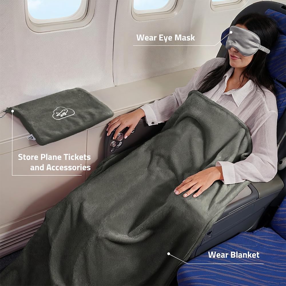 Travel Blanket Pillow,Airplane Blanket Compact with Bag Eye Mask, Ultra-Soft,Warm & Lightweight Included,Travel Essentials for Women & Men, Luggage Sleeve & Backpack Clip 65x40 in, Grey