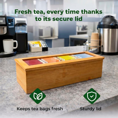 Tea Bag Organizer – Bamboo Tea Box Organizer with Acrylic Lid | Tea Storage Holder | Tea Caddy with 4 Compartments for Drawer, Kitchen Counter & Cabinet (11.8 x 3.5 x 3.5 in)