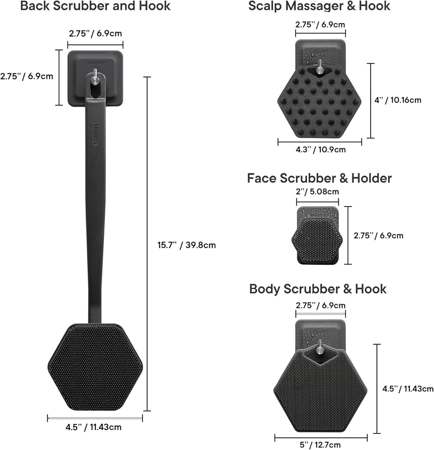 TOOLETRIES The Scrub King Silicone Shower Set for Men & Women, Hygienic Silicone Exfoliating Bath Set with Back Scrubber, Body Scrubber, Face Scrubber, Scalp Massager, Hooks & Holder - Charcoal
