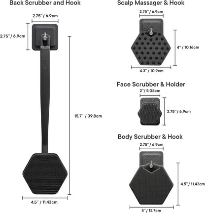 TOOLETRIES The Scrub King Silicone Shower Set for Men & Women, Hygienic Silicone Exfoliating Bath Set with Back Scrubber, Body Scrubber, Face Scrubber, Scalp Massager, Hooks & Holder - Charcoal