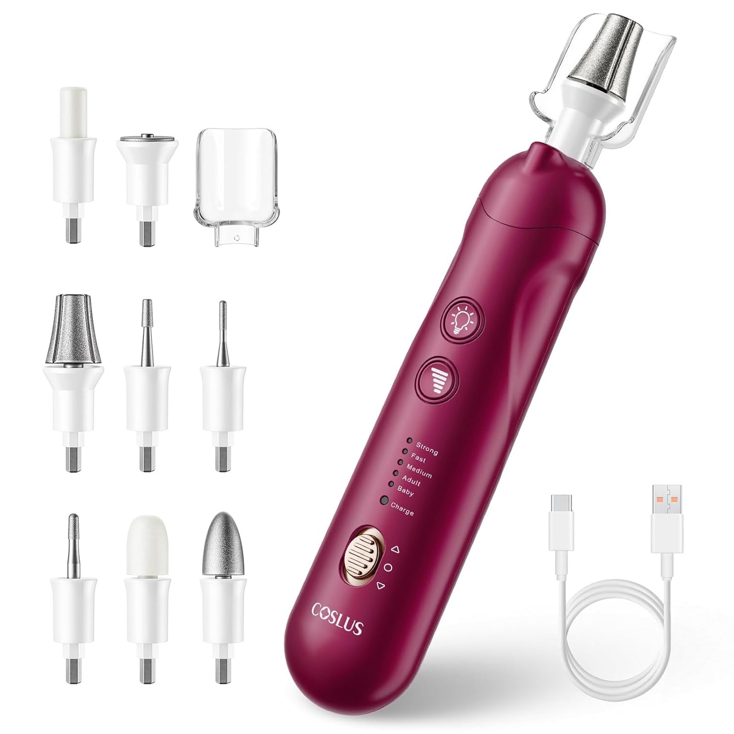 COSLUS C43 Professional Manicure Pedicure Kit, 5-in-1 Electric Nail File for Toenail Hand Feet, Basic & Thick Nails Care, Cordless, 5 Speeds, for Men Women Seniors Home Salon, Wider Grinder, White