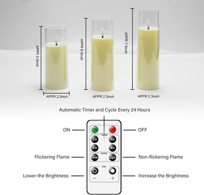 kakoya Flickering Flameless Candles Battery Operated with Remote and 2/4/6/8 H Timer Acrylic Led Pillar Candles Pack of 9 (appr D2.3"xH5.5"6.5"7.5")with Realistic 3D Wick Candles for Home Decor(White)