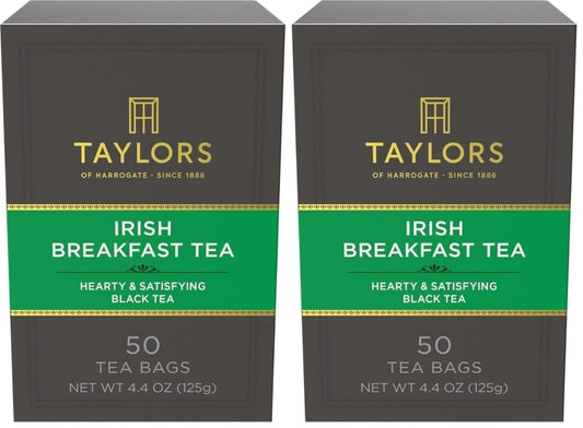 Taylors of Harrogate Irish Breakfast, Black Tea, Pillow Bags, Rich, Bright & Malty, Caffeinated, Enjoy Hot or Iced, 50 Teabags, 50 Count (Pack of 2)