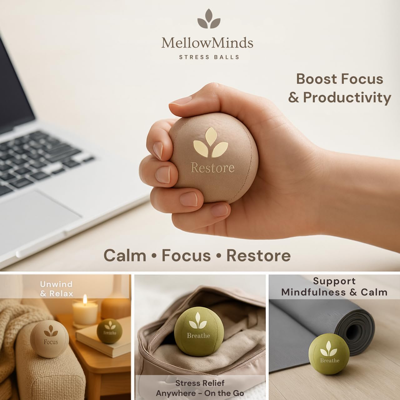 MellowMinds Stress Balls for Adults — 3-Pack Therapy Hand Balls for Stress Relief, Anxiety & Focus | Soft, Medium & Firm Resistance | Premium Minimalist Desk Wellness Gift for Office & Home