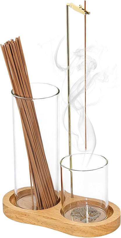 2-in-1 Glass Incense Holder with Ash Collector and Incense Stick Storage Upside Down Hanging Incense Holder, Anti-Splashing Design, Perfect for Meditation, Yoga, Spa, and Home Decoration