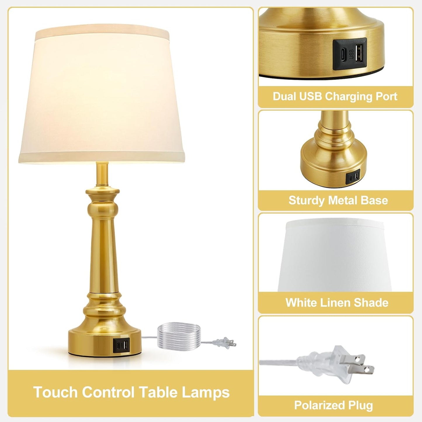 EJIAXIN Lamps for Bedrooms Set of 2, Brushed Nickel Bedside Lamps with USB C+A Ports,Dimmable Nightstand Lamps with Fabric Lampshade, Touch Table Lamp for Living Room Bedroom Office, Bulbs Included