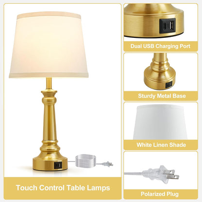 EJIAXIN Lamps for Bedrooms Set of 2, Brushed Nickel Bedside Lamps with USB C+A Ports,Dimmable Nightstand Lamps with Fabric Lampshade, Touch Table Lamp for Living Room Bedroom Office, Bulbs Included