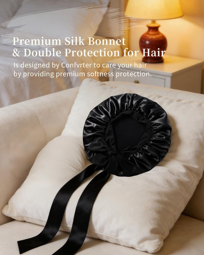 Silk Bonnet Satin Bonnet for Sleeping Large Bonnets with Tie Band Hair Wrap with Adjustable Straps Hair Cap for Women Curly Black
