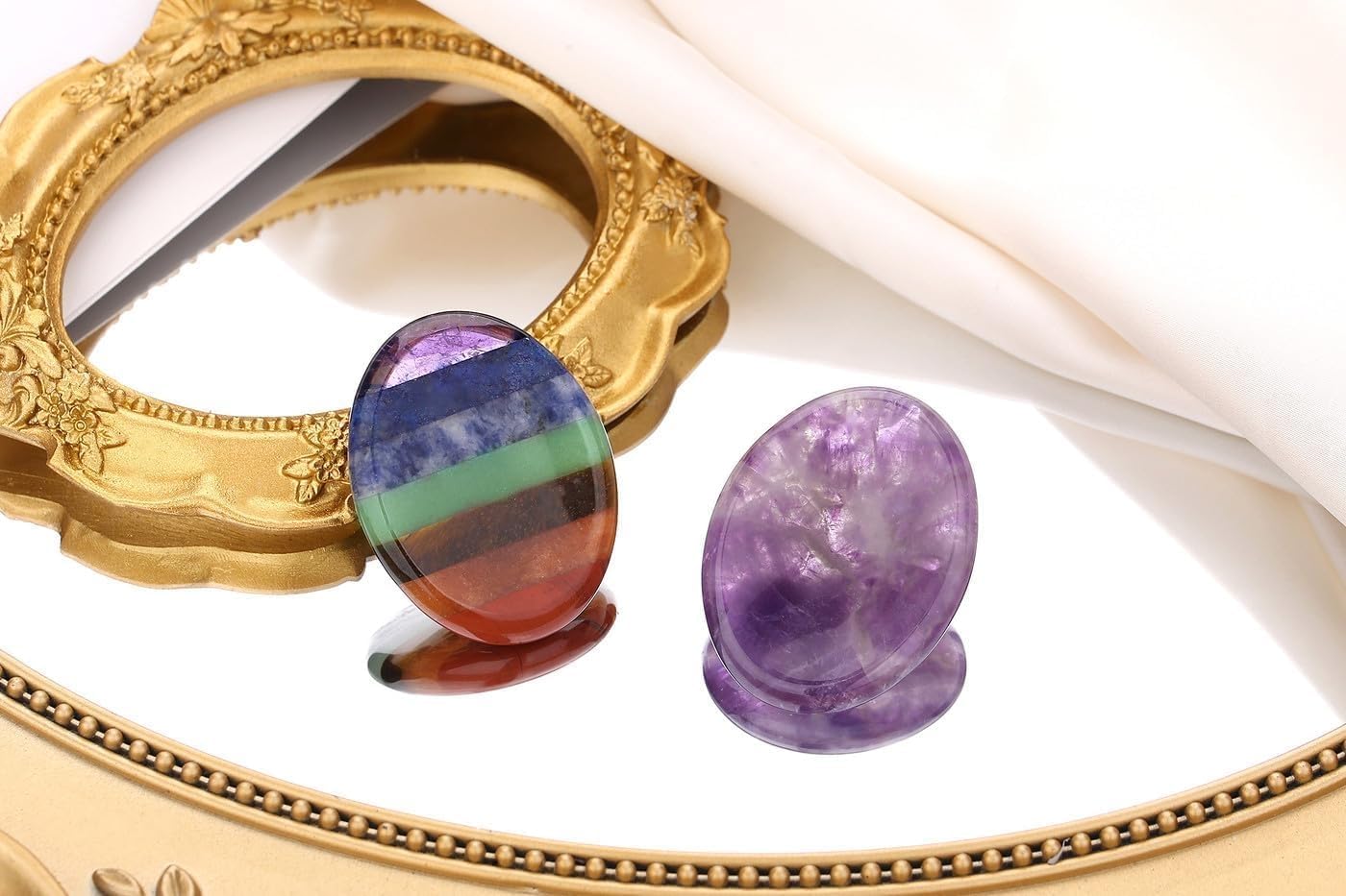 2PCS Worry Stone for Anxiety Tigers Eye Amethyst Healing Crystals Hand Thumb Stones Pocket Gemstones Meditation Accessories Oval Crystal Natural Relax Palm Stone Anxiety Relief Items Stocking Stuffers