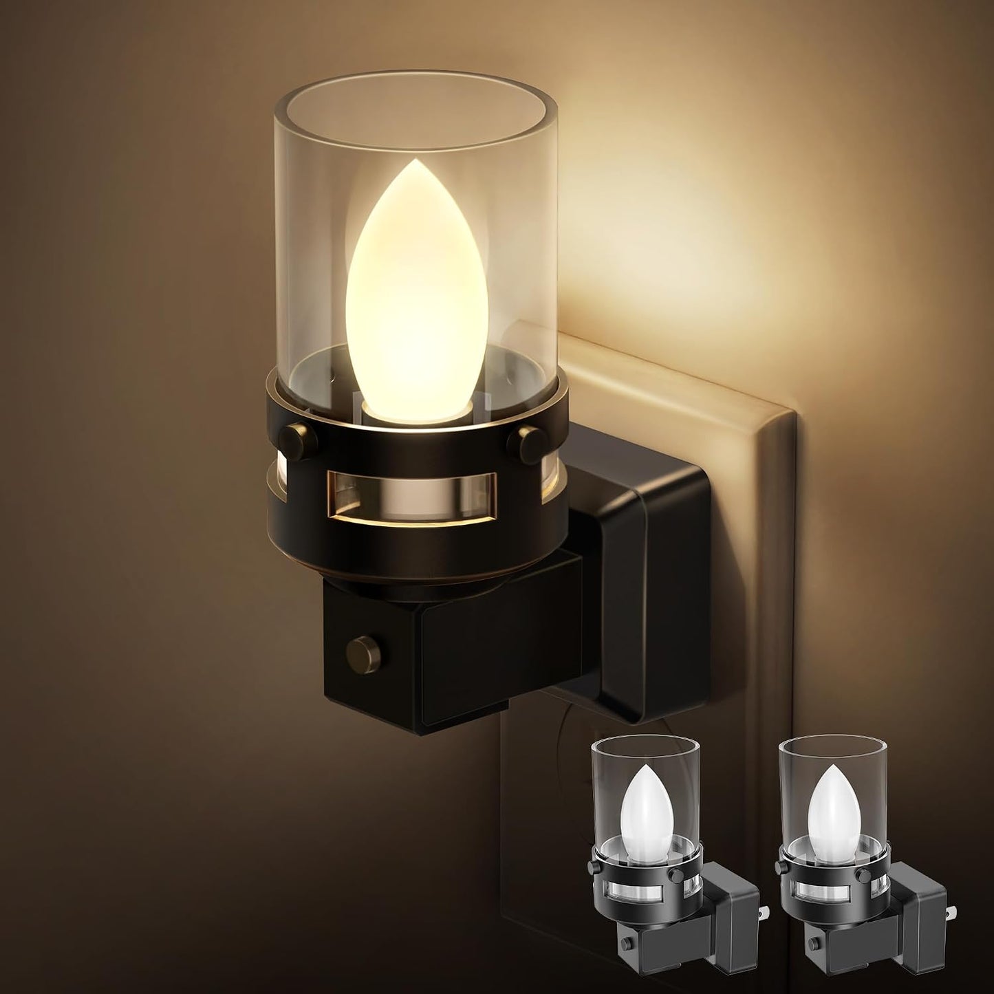 Briignite Flameless Candle Night Light, 2 Pack, Night Lights Plug into Wall, Candle Nightlight with Light Sensor, 0-100LM Dimmable LED Night Light Plug in, 1800K Amber Nightlight for Hallway Bathroom