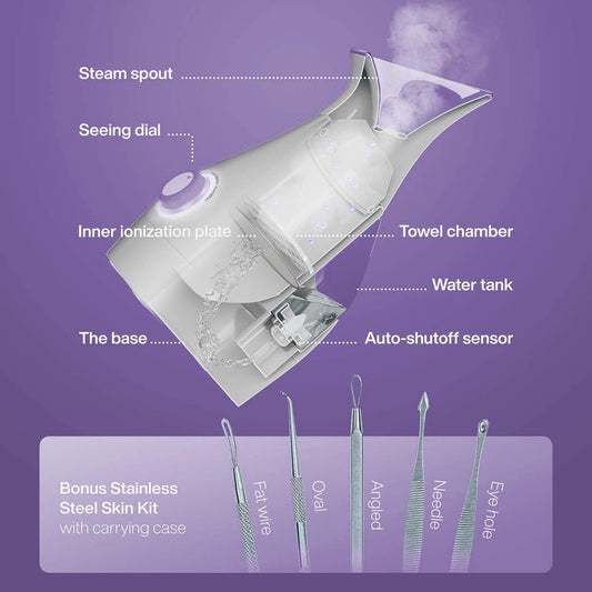 Pure Daily Care NanoSteamer Large 3-in-1 Nano Ionic Facial Steamer with Precise Temp Control - Humidifier - Unclogs Pores - Blackheads - Spa Quality - Bonus 5 Piece Stainless Steel Skin Kit (Teal)