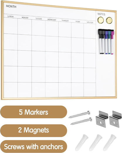 Magnetic Monthly Calendar Whiteboard, 17'' x 13'' Dry Erase Calendar for Wall Office School Home, Gold Wooden Frame