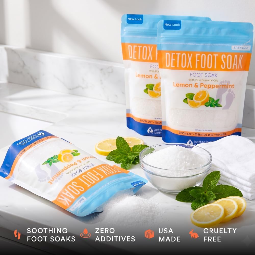 Detox Foot Soak Salts 32 Ounces with Lemon, Peppermint, Lavender Frankincense Essential Oils BPA Free Pouch with Easy Press-Lock Seal Soothe Athletes Foot, Soften Calluses, Relax Tired Feet