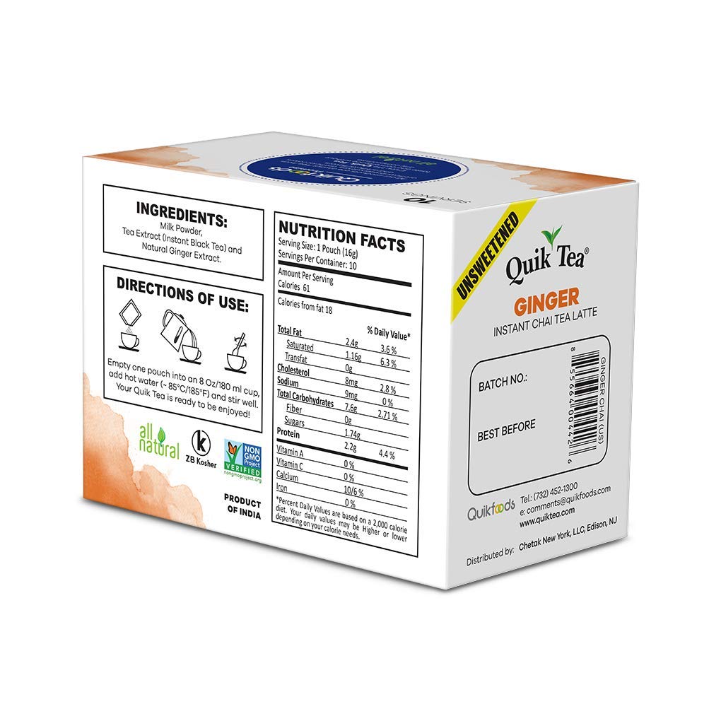 QuikTea Instant Chai Tea Latte Mix, Lemongrass, Unsweetened, 10 Sachets