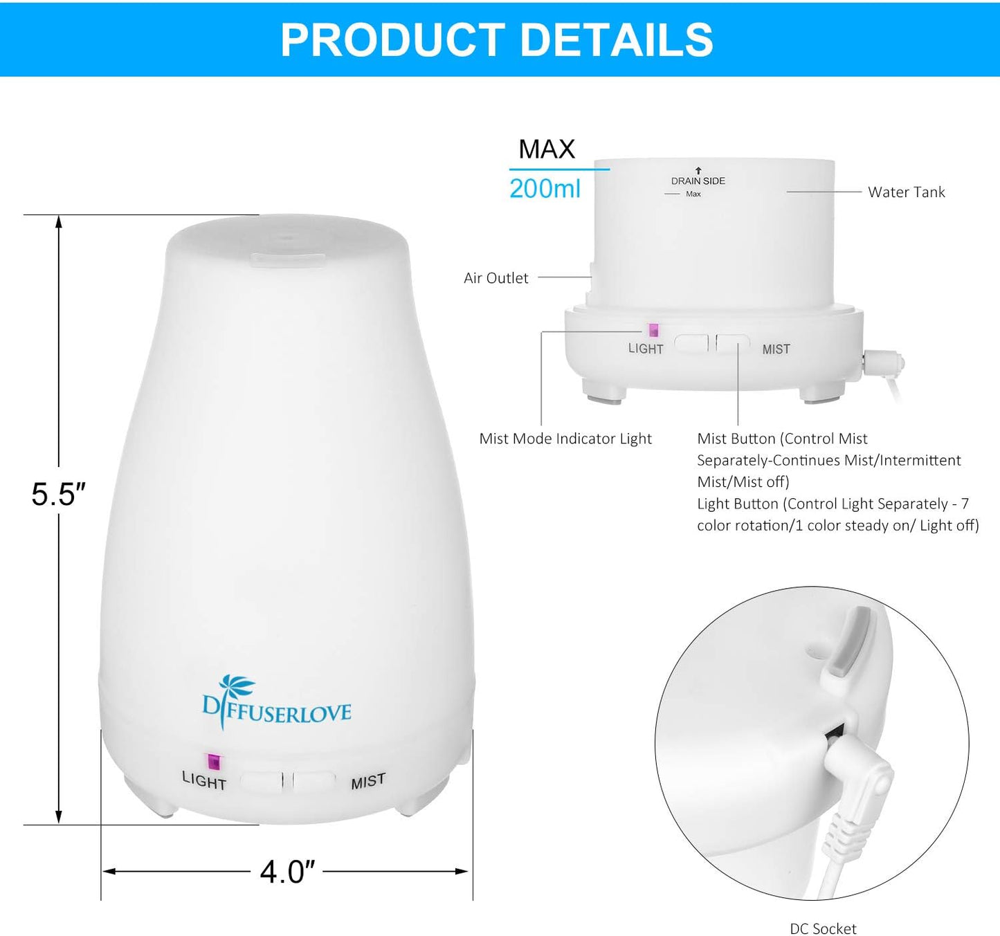 Diffuserlove Diffuser 2 Pack Essential Oil Diffuser 200ML Remote Control Ultrasonic Aromatherapy Diffuser Mist Humidifiers for Bedroom Office Yoga