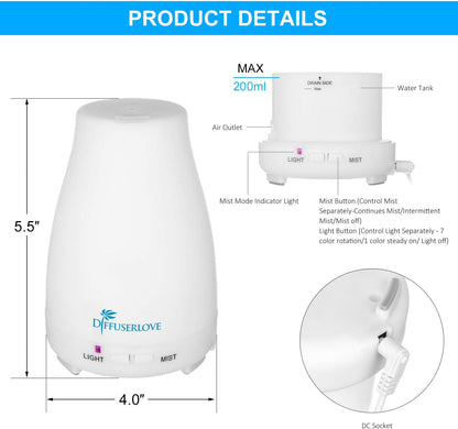 Diffuserlove Diffuser 2 Pack Essential Oil Diffuser 200ML Remote Control Ultrasonic Aromatherapy Diffuser Mist Humidifiers for Bedroom Office Yoga