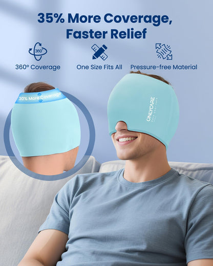ONLYCARE Migraine Relief Cap, Upgraded Headache Relief Cap with Odorless Reusable Gel Head Wrap, Soothing Face Ice Pack Mask Products with Hot & Cold Therapy for Tension, Stress, Hangover & Puffy Eyes