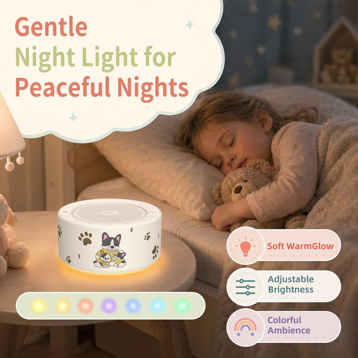 Kipcush White Noise Machine for Baby & Adults, 30 Soothing Sounds, Soft Non-Glare Nursery Lamp, 8 Color Night Lights, Memory Function (Angel V1 White, Standard)